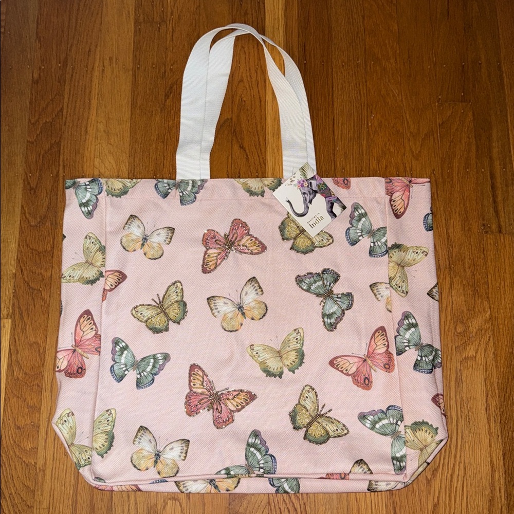 NWOT Unbranded Reusable & Durable Canvas Tote Bag Beaded Multi-color Butterflies